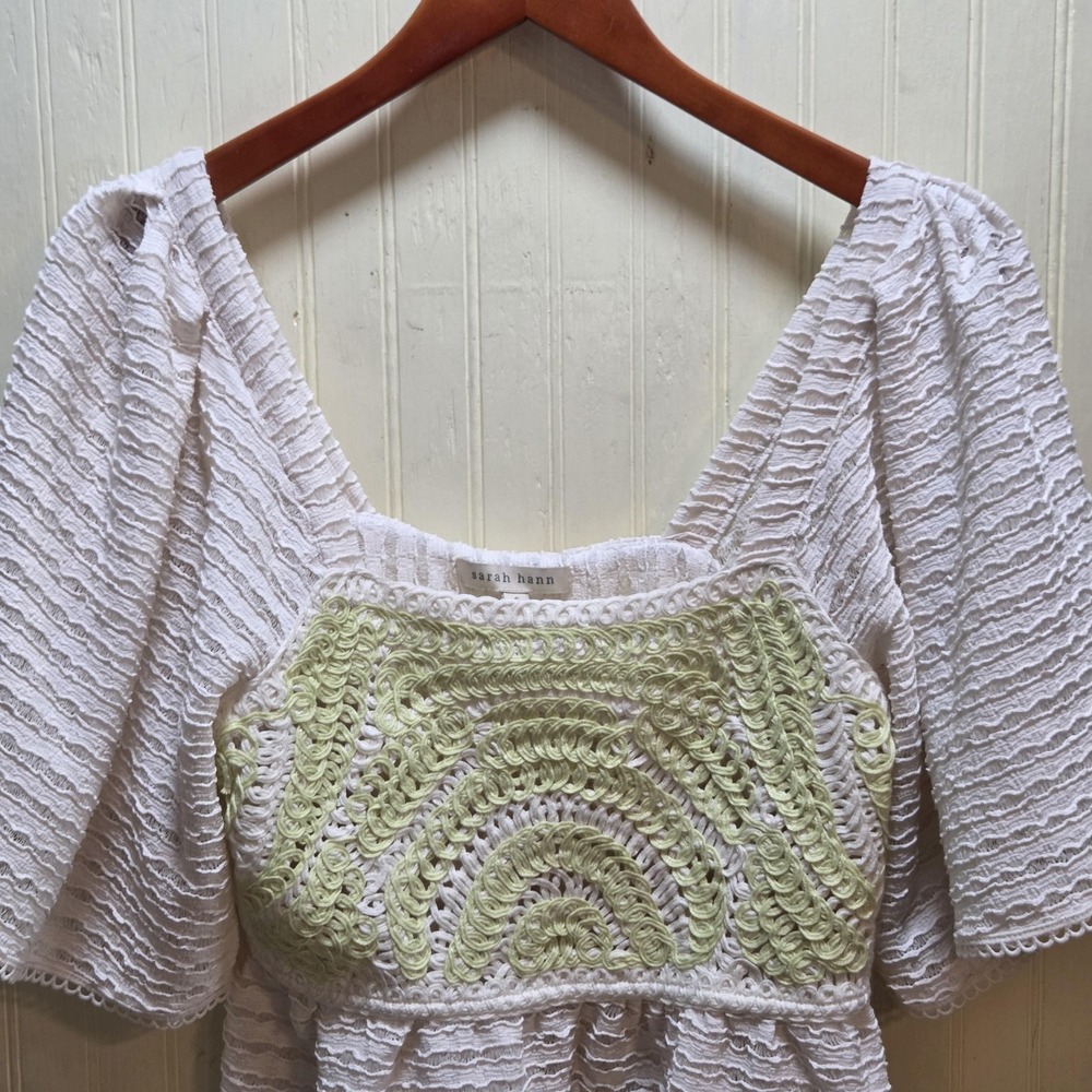 Sarah Hann Blouse Womens Small White Crochet Square Neck Peplum Short Sleeve Top